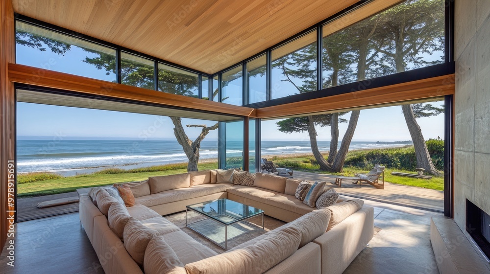 Fototapeta premium Luxury modern living room with large sectional sofa and minimalist design.