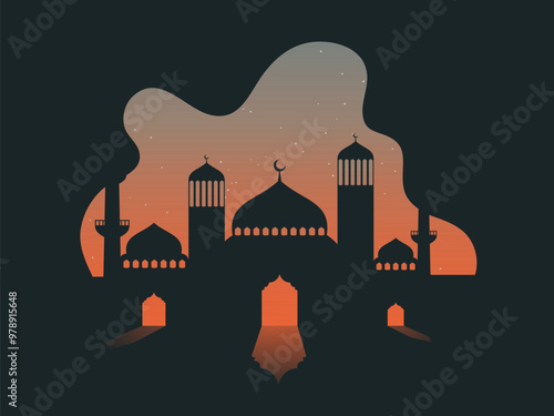 Vector illustration of mosque on abstract stars night background.