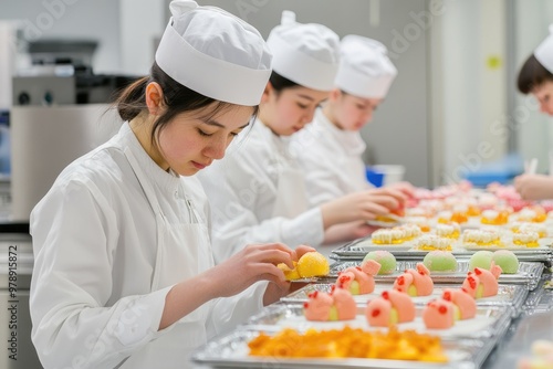 Pastry chefs working in their kitchen making pastries