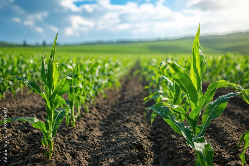 Rows of young corn growing in fertile soil Rows of young corn growing in fertile soil