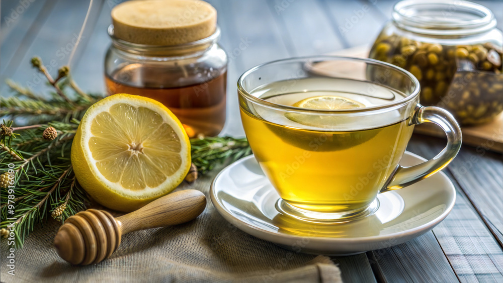 cup of tea and lemon stands on a wooden surface, honey and lemon