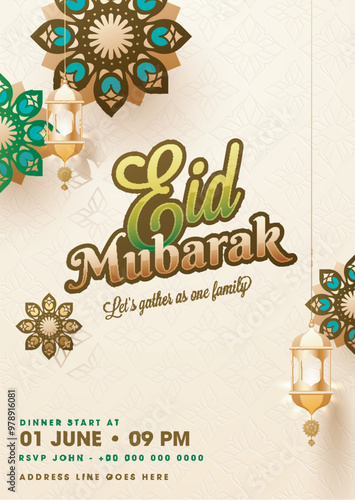 Eid Mubarak template or flyer design decorated with mandala design and golden illuminated lantern on islamic seamless pattern background.