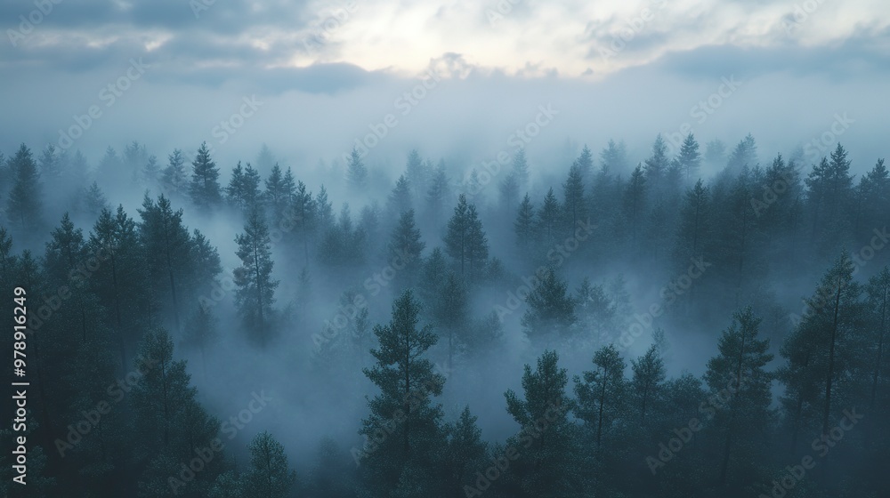 Enigmatic fog over a lush pine forest at dusk Enigmatic fog over a lush pine forest at dusk