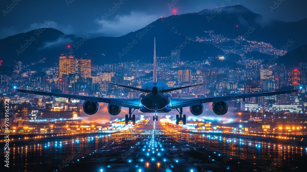 Obraz premium Airliner landing. Twin turbine airplane, airliner landing at busy airport. Aviation. Travel. Airplane. Tourism.