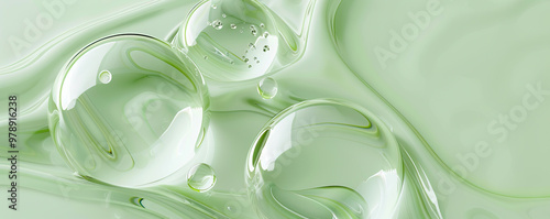 Abstract light green background liquid with bubbles..