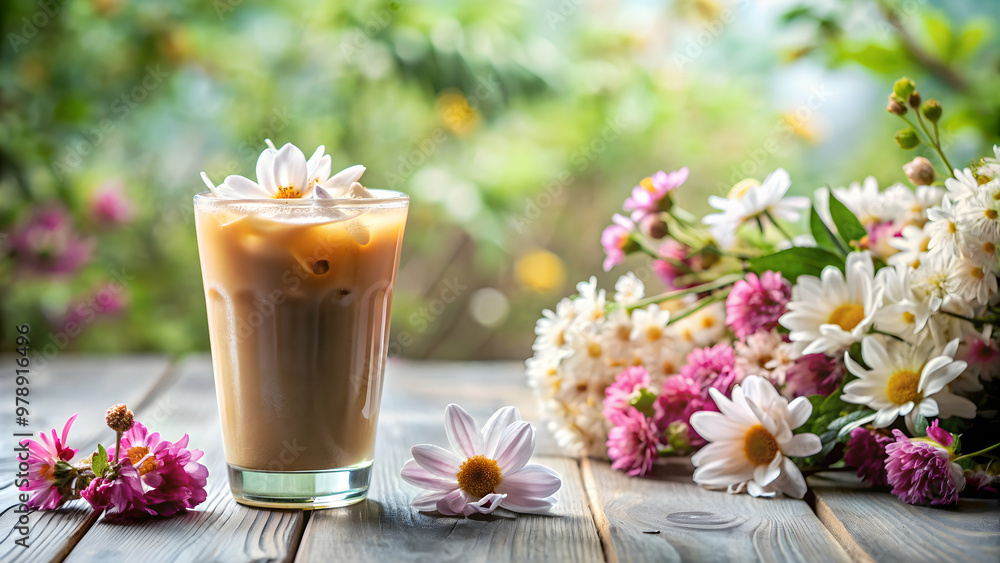 A peaceful morning scene with a refreshing glass of iced coffee surrounded by delicate flowers, serene, morning, scene A peaceful morning scene with a refreshing glass of iced coffee surrounded by delicate flowers, serene, morning, scene