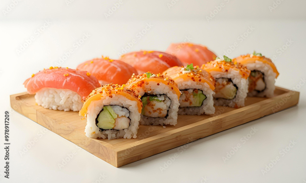Sushi on a Wooden Tray with a White Background Sushi on a Wooden Tray with a White Background