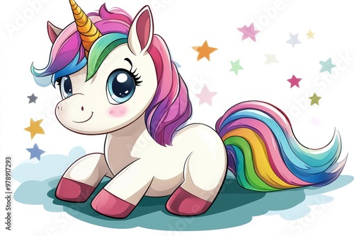 Cute cartoon unicorn lying down with rainbow mane and tail