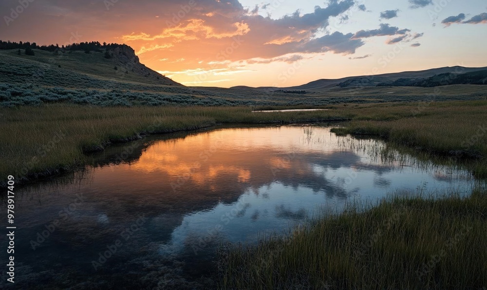 A calm lake reflecting a colorful sunset sky with lush grass in the foreground. A calm lake reflecting a colorful sunset sky with lush grass in the foreground.
