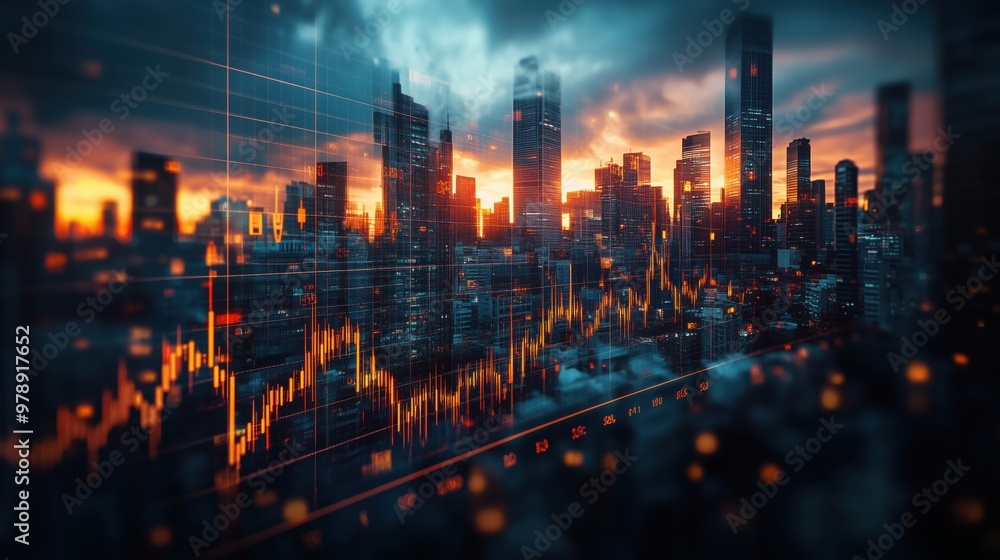 City skyline with stock market data overlay at sunset. City skyline during sunset is overlaid with stock market data and charts, symbolizing global finance, market trends, and investment analysis. City skyline with stock market data overlay at sunset. City skyline during sunset is overlaid with stock market data and charts, symbolizing global finance, market trends, and investment analysis.