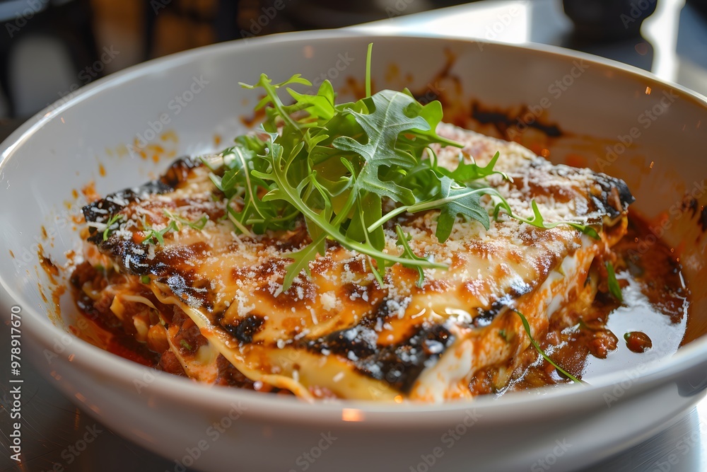 Tasty homemade lasagna layered with minced beef bolognese, bechamel sauce, and finished with wild arugula and parmesan Tasty homemade lasagna layered with minced beef bolognese, bechamel sauce, and finished with wild arugula and parmesan