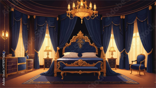 Luxurious Royal Chamber with Grand Bed, Silk Curtains, Lamp-lit Elegance in Midnight Cartoon Style