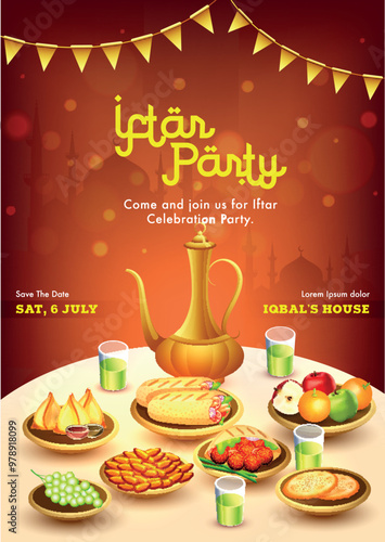 Creative Invitation Card design with date and time details, stylish text of Iftar Party Celebration. photo