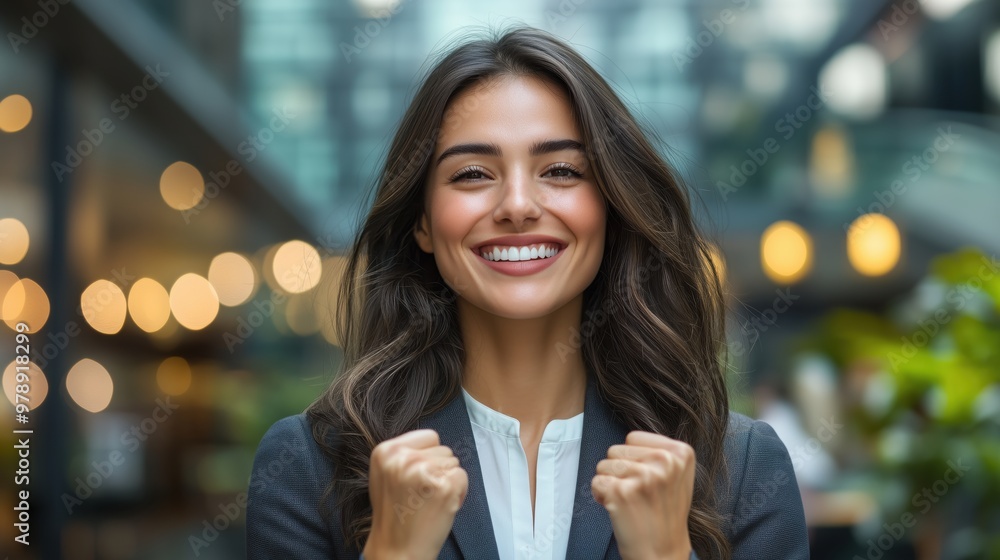 Smiling businesswoman makes a celebratory gesture in a modern office, symbolizing personal achievement, business success, and professional growth. Smiling businesswoman makes a celebratory gesture in a modern office, symbolizing personal achievement, business success, and professional growth.