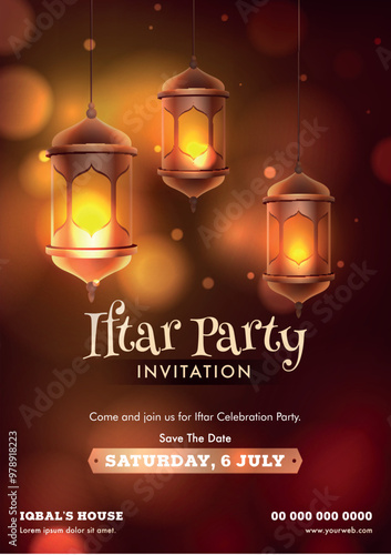 Stylish text of Iftar Party Invitation card or flyer design with hanging illuminated lantern on brown shiny background with occasion details.