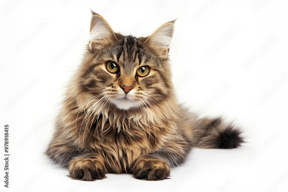 High-resolution portrait of a fluffy tabby cat sitting upright, gazing directly at the camera against a white background High-resolution portrait of a fluffy tabby cat sitting upright, gazing directly at the camera against a white background