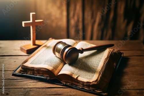 Open ancient book with a wooden judge's gavel and cross in the background, symbolizing the intersection of law, justice, and faith