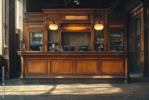 Wallpaper Mural Empty wooden countertop in apothecary shop illuminated by sunlight Torontodigital.ca