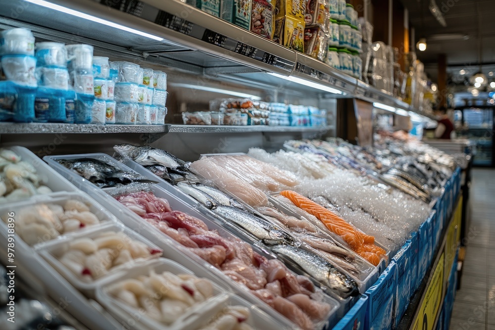 Fresh fish and seafood displayed on ice in a supermarket Fresh fish and seafood displayed on ice in a supermarket
