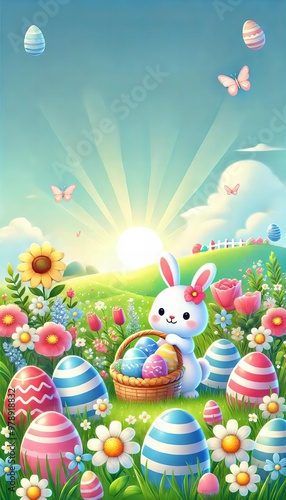 A cute bunny holding a basket filled with colorful Easter eggs surrounded by vibrant flowers and butterflies, set against a bright sunrise landscape, conveying joy and celebration.