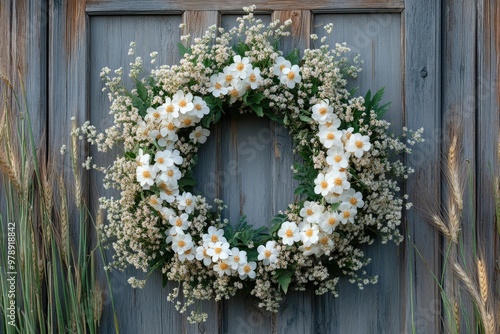 Beautiful white wildflower wreath hanging on a rustic blue wooden door