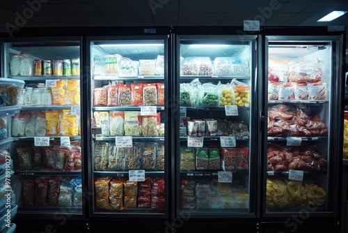 Refrigerated display case full of frozen food in asian supermarket photo