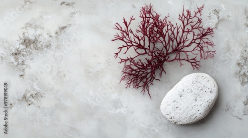 Agar Gelidium red algae rests on a white stone, creating a serene, vibrant nature scene. photo