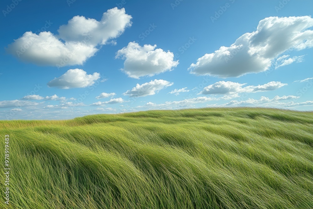 Green grass field swaying under blue sky with white clouds Green grass field swaying under blue sky with white clouds
