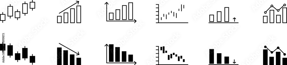 Graph chart, growth or decline chart icons set. Statistics or analytics icons. Vector icons Graph chart, growth or decline chart icons set. Statistics or analytics icons. Vector icons
