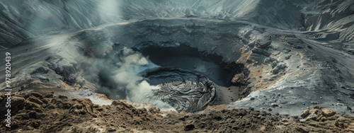 A rugged volcanic crater, with steep walls enclosing a barren landscape of ash and lava rock, where fumaroles vent steam into the air photo