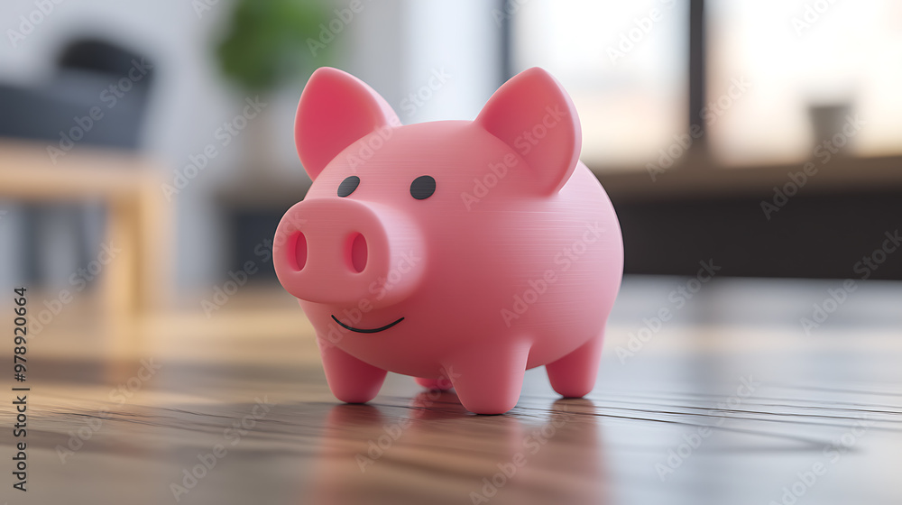 A pink piggy bank sits on a wooden table in a room with a window in the background. A pink piggy bank sits on a wooden table in a room with a window in the background.