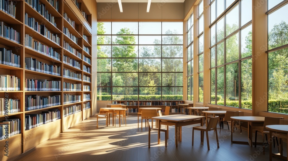 A bright library interior with large windows, bookshelves, and wooden tables for study. A bright library interior with large windows, bookshelves, and wooden tables for study.