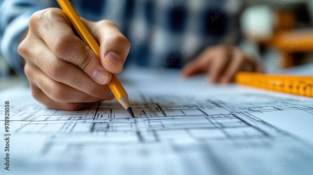 Close-up of an architect's hand drawing architectural plans with a ...