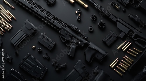 Intricate flat lay shot of AR-15 rifle components and bullets neatly arranged on a dark background.