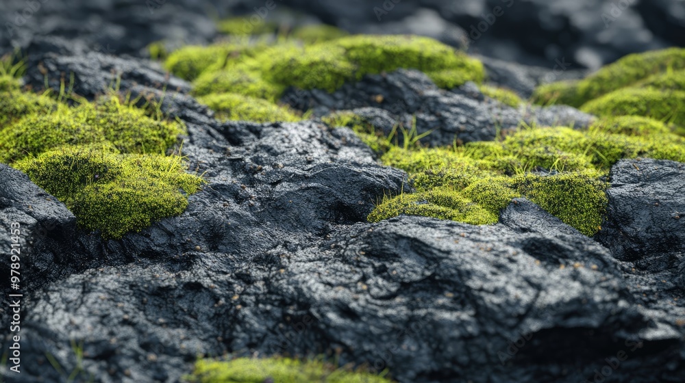 Green Moss Growing on Dark, Rough, Volcanic Rock Green Moss Growing on Dark, Rough, Volcanic Rock