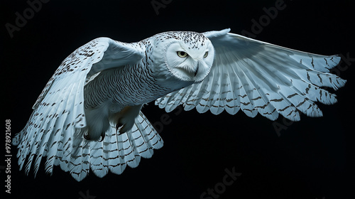 A white owl in mid-flight, ...