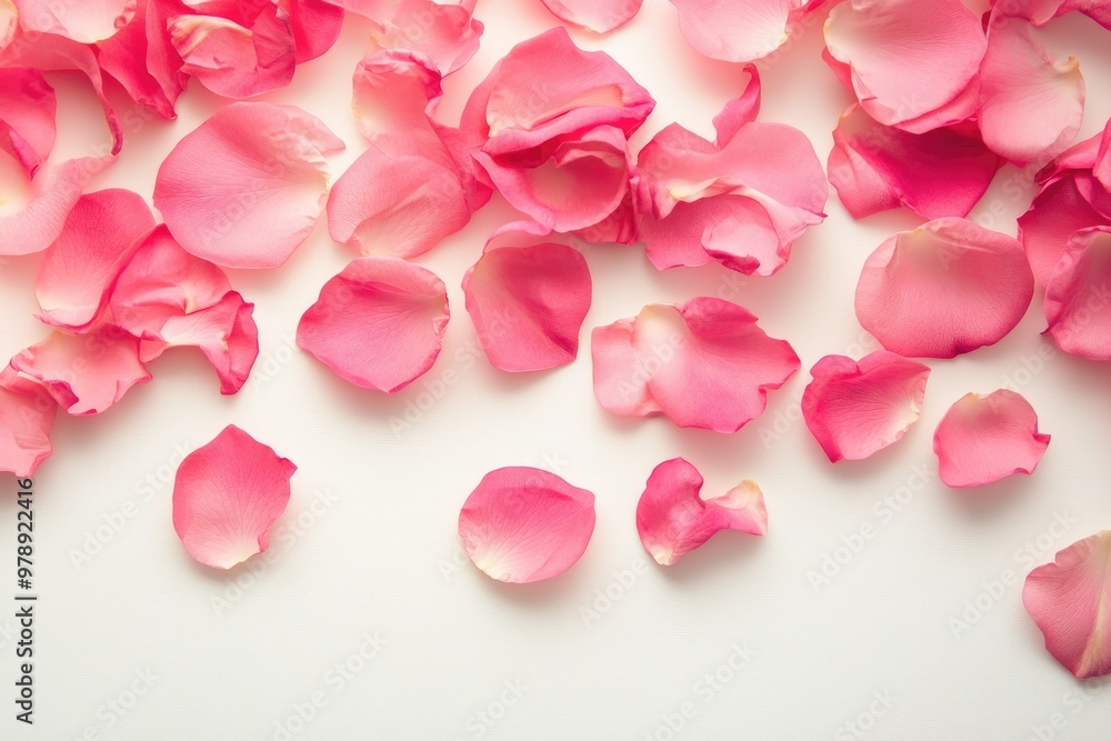 Pink rose petals scattered on white background creating floral pattern Pink rose petals scattered on white background creating floral pattern