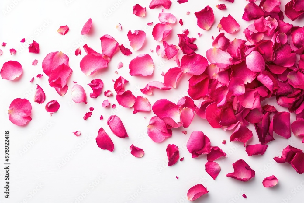 Pink rose petals scattered on a white background creating a romantic atmosphere Pink rose petals scattered on a white background creating a romantic atmosphere