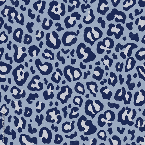 Contemporary textile pattern with repeating blue and grey leopard spots