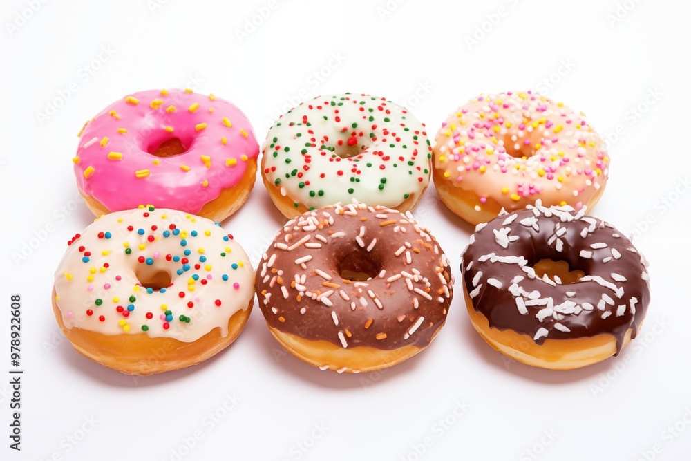 Selection of donuts with vibrant toppings, including sprinkles and chocolate glaze, placed on a clean white surface Selection of donuts with vibrant toppings, including sprinkles and chocolate glaze, placed on a clean white surface