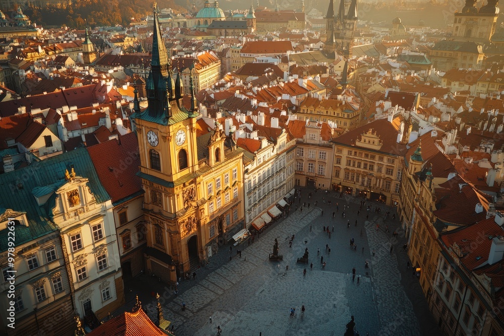 Fototapeta premium Tourists walking in old town square in prague at golden hour