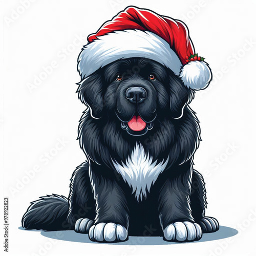 Cute Christmas Santa Hat Newfoundland Dogs Vector Cartoon illustration white background