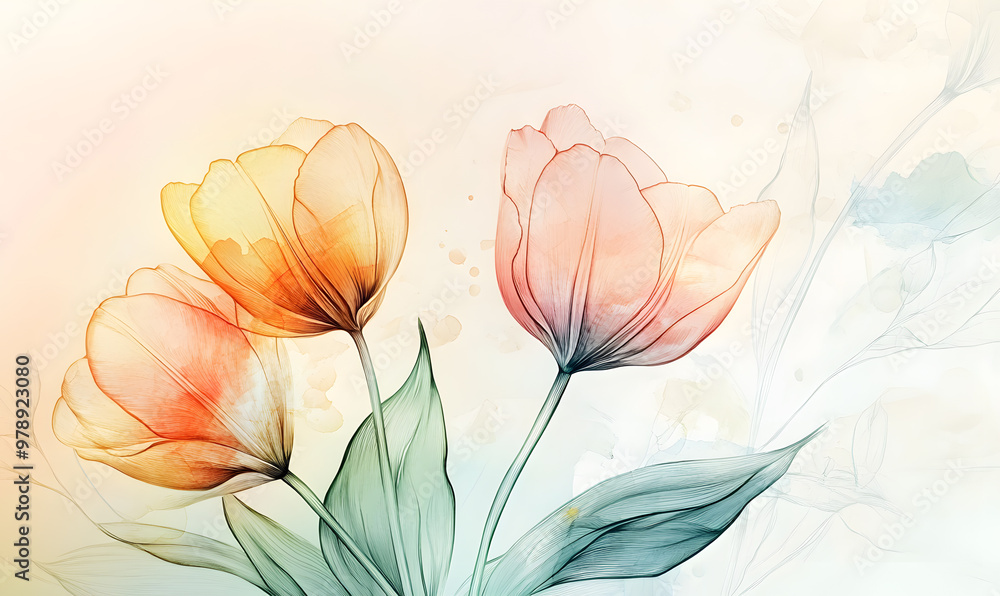 Fototapeta premium 2D illustrator doodle-style floral and leaf graphics on a white background or wallpaper