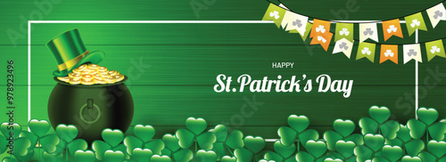St. Patrick's Day header or banner design, illustration of coin pot with leprechaun hat on wooden texture background decorated with clover leaves.