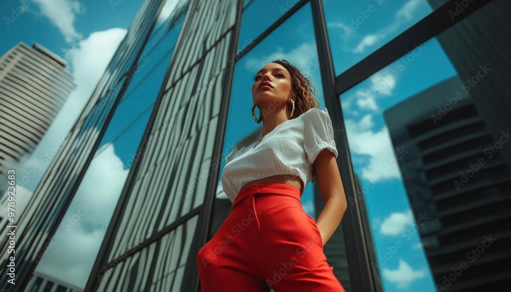 A woman in a red pantsuit stands confidently in front of a modern glass building, looking up at the sky. A woman in a red pantsuit stands confidently in front of a modern glass building, looking up at the sky.