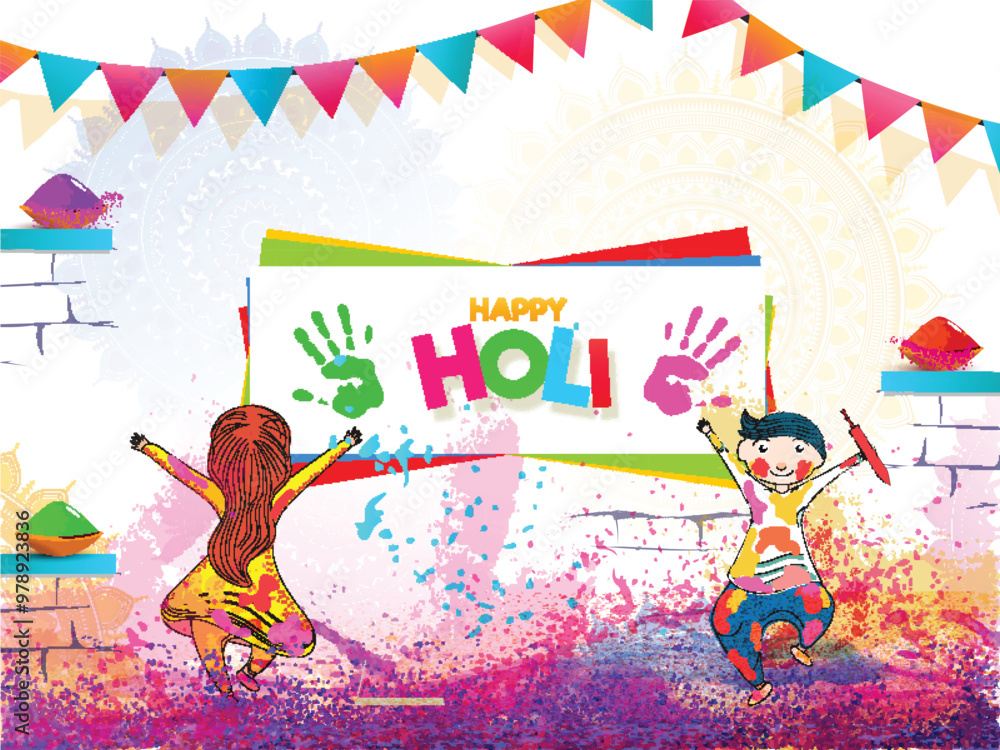 Obraz premium Cute kids playing with colours on occasion of Happy Holi celebration. Banner or poster design.