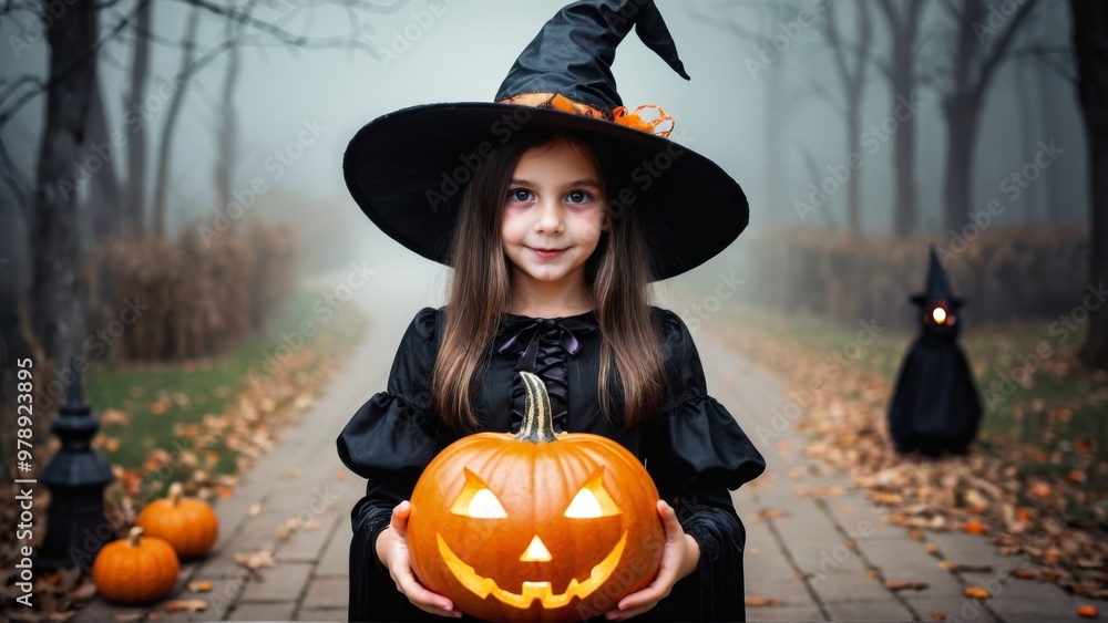 Fototapeta premium Young girl in witch costume holding jack-o'-lantern on autumn path
