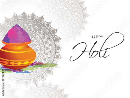 Happy Holi celebration greeting card design with earthen pot full of dry colors on mandala decorated background.