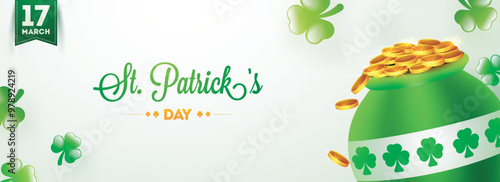 17 March, St. Patrick's Day header or banner design with traditional coin pot illustration on glossy background.
