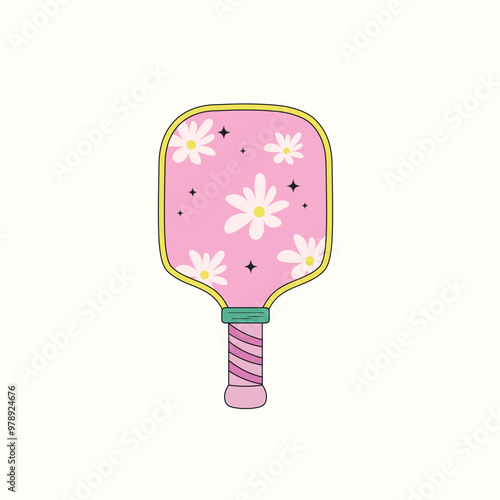 Cute pickeleball racket and daisy flowers vector